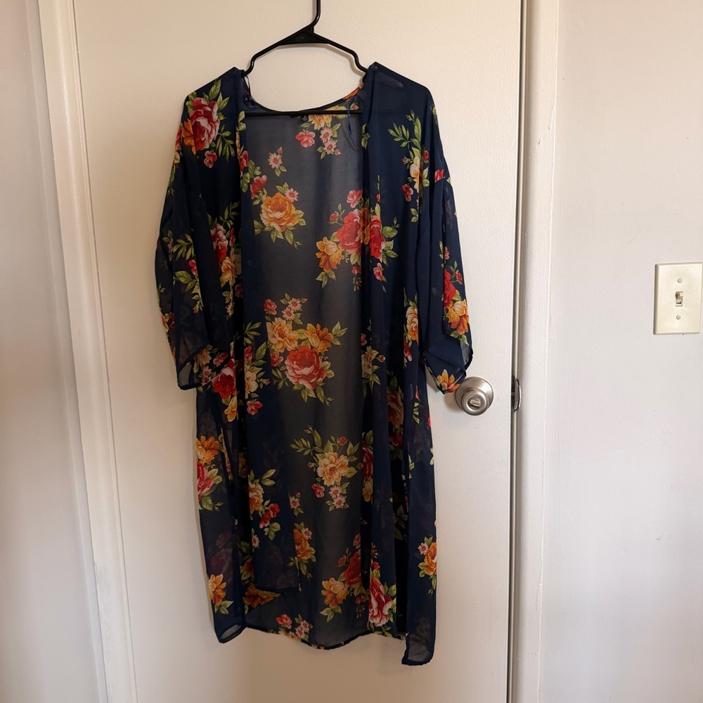 Ambiance Navy Floral Sheer Kimono Top with Multicolor Blooms size medium